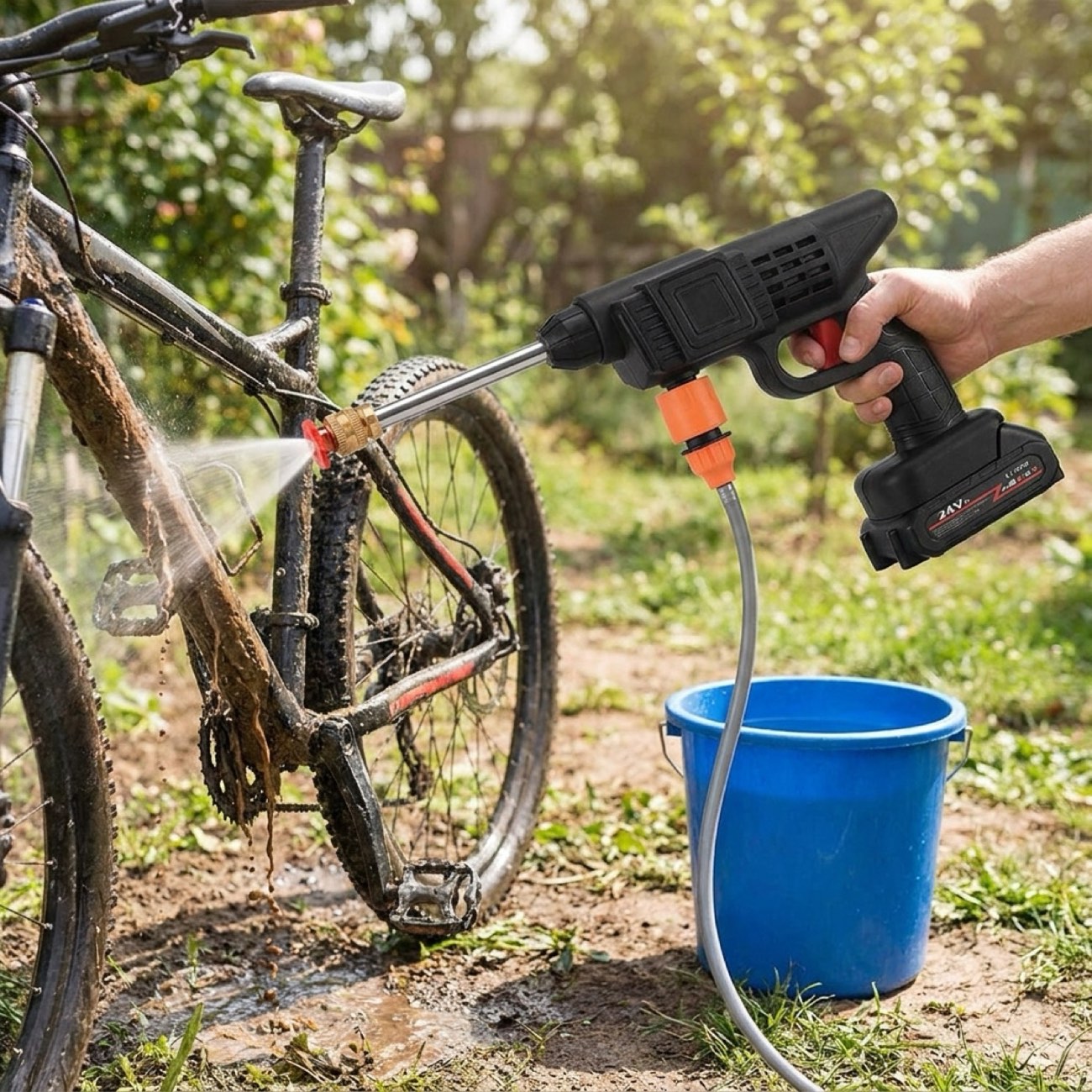 Rinsing a muddy mountain bike beside a bucket of water in the backyard
