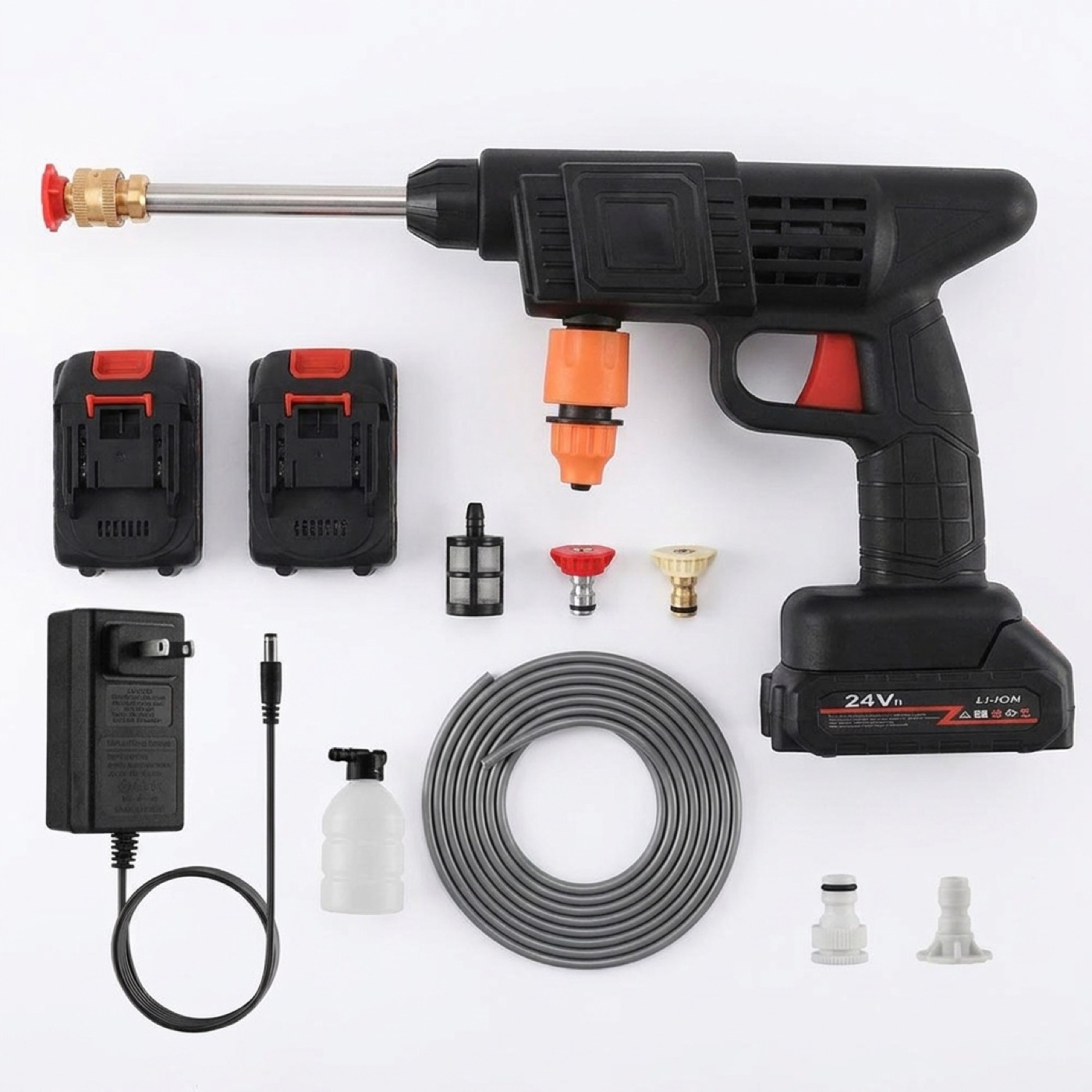 Everything in the box: gun, two batteries, foam bottle, hose, filter, charger and adapters