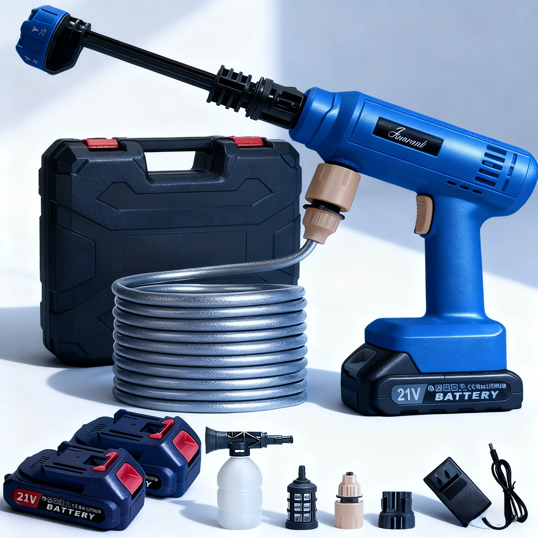 The complete HydroBlast Pro kit laid out: washer, hard case, coiled hose, two 21V batteries, foam pot, filter, connectors and charger
