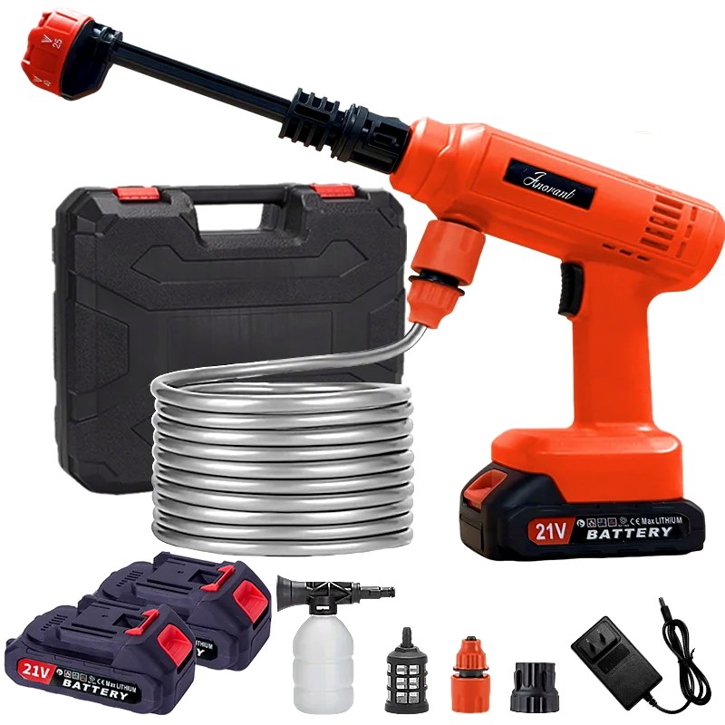 The complete HydroBlast Pro kit laid out: washer, hard case, coiled hose, two 21V batteries, foam pot, filter, connectors and charger